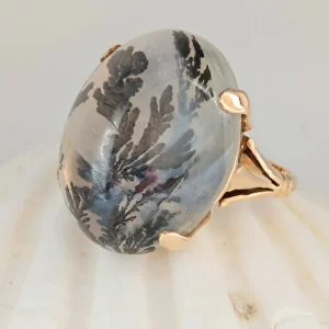 Gold Dendritic Agate Cabochon Ring