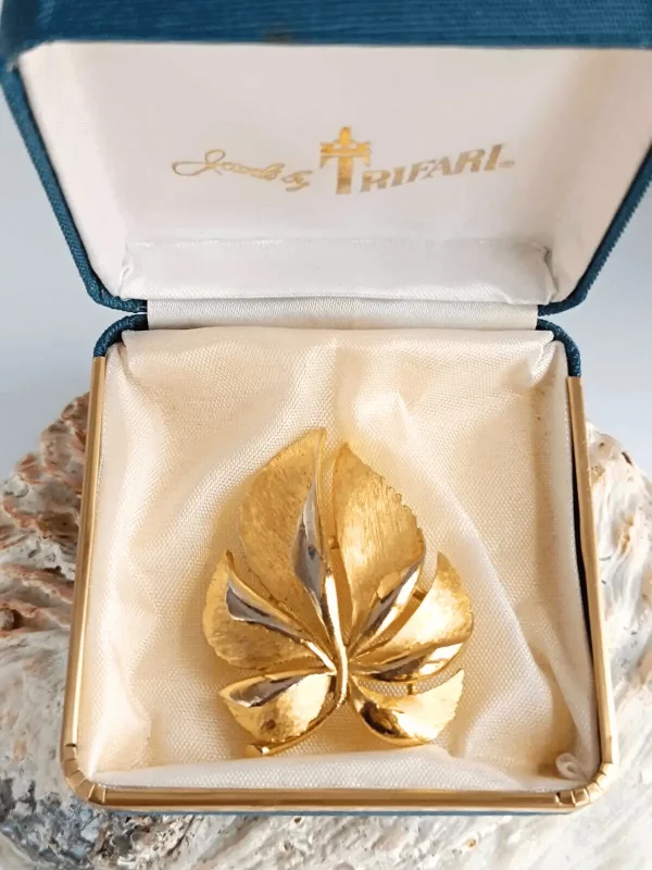 Trifari Brushed Gold Tone Leaf Brooch